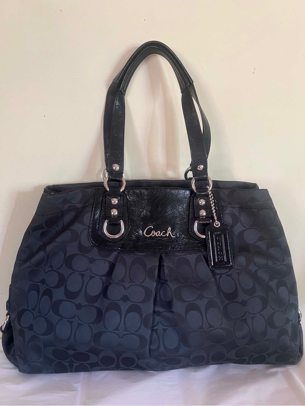 Coach Black Signature Logo Tote with Patent Trim